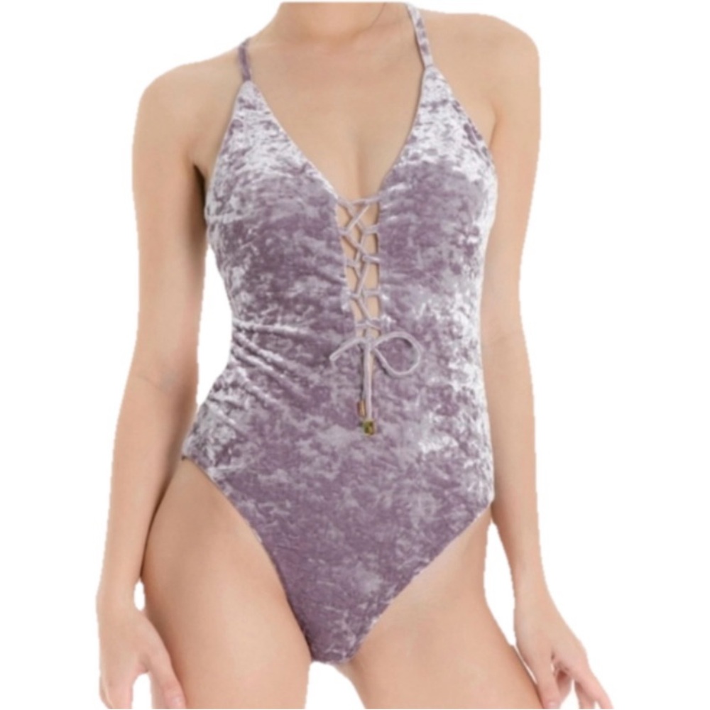 WET Swimwear Retro Summer Becca Purple Velvet Lace-Up One-Piece Swimsuit Size XS